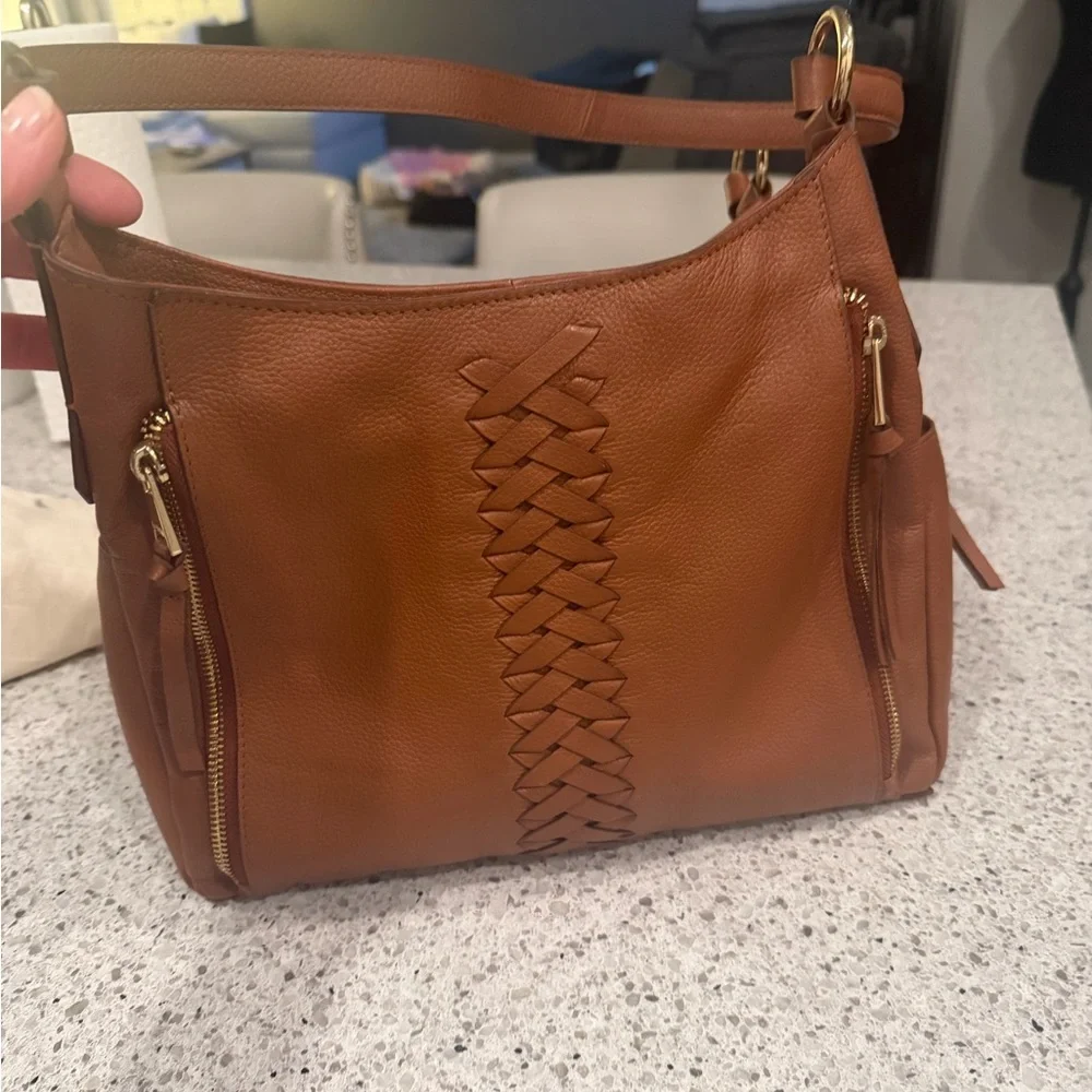 NEW Lodis Cognac Woven-Front Leather Shoulder Bag - Picture 1 of 9